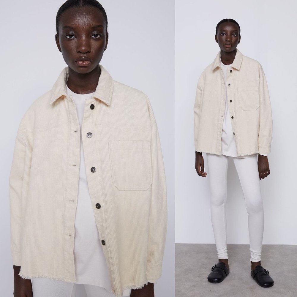 ZARA Women's sz Medium Ivory Corduroy Long Sleeve Overshirt Loose Shirt Shacket